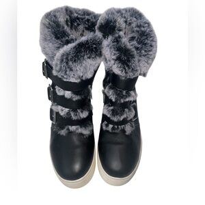 J/Slides Fur Trim Hidden Wedge Sneaker Boots Black Moto Buckle Size 8